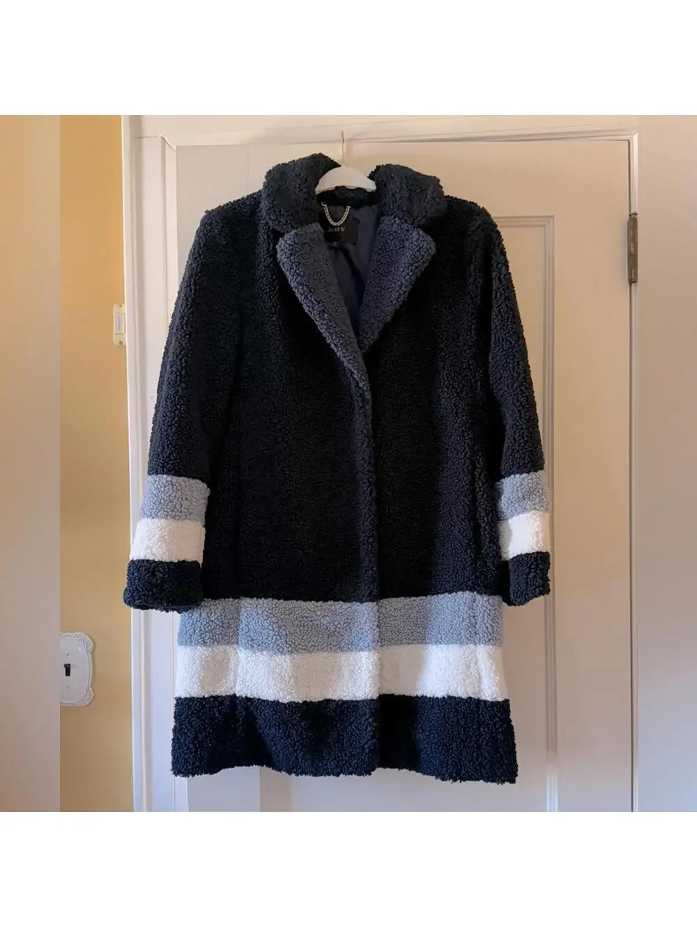 J. Crew Navy sherpa single button topcoat with blue colorblock details NWOT M